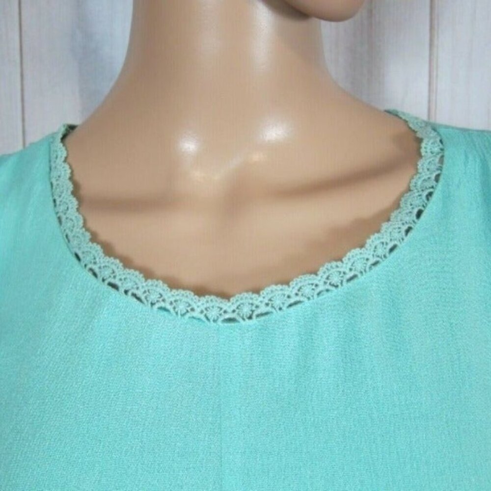 Small A-line Mini Dress Aqua Teal Blue Long Bell Sleeves w/ Lace Scoop Neck NEW - Picture 7 of 12